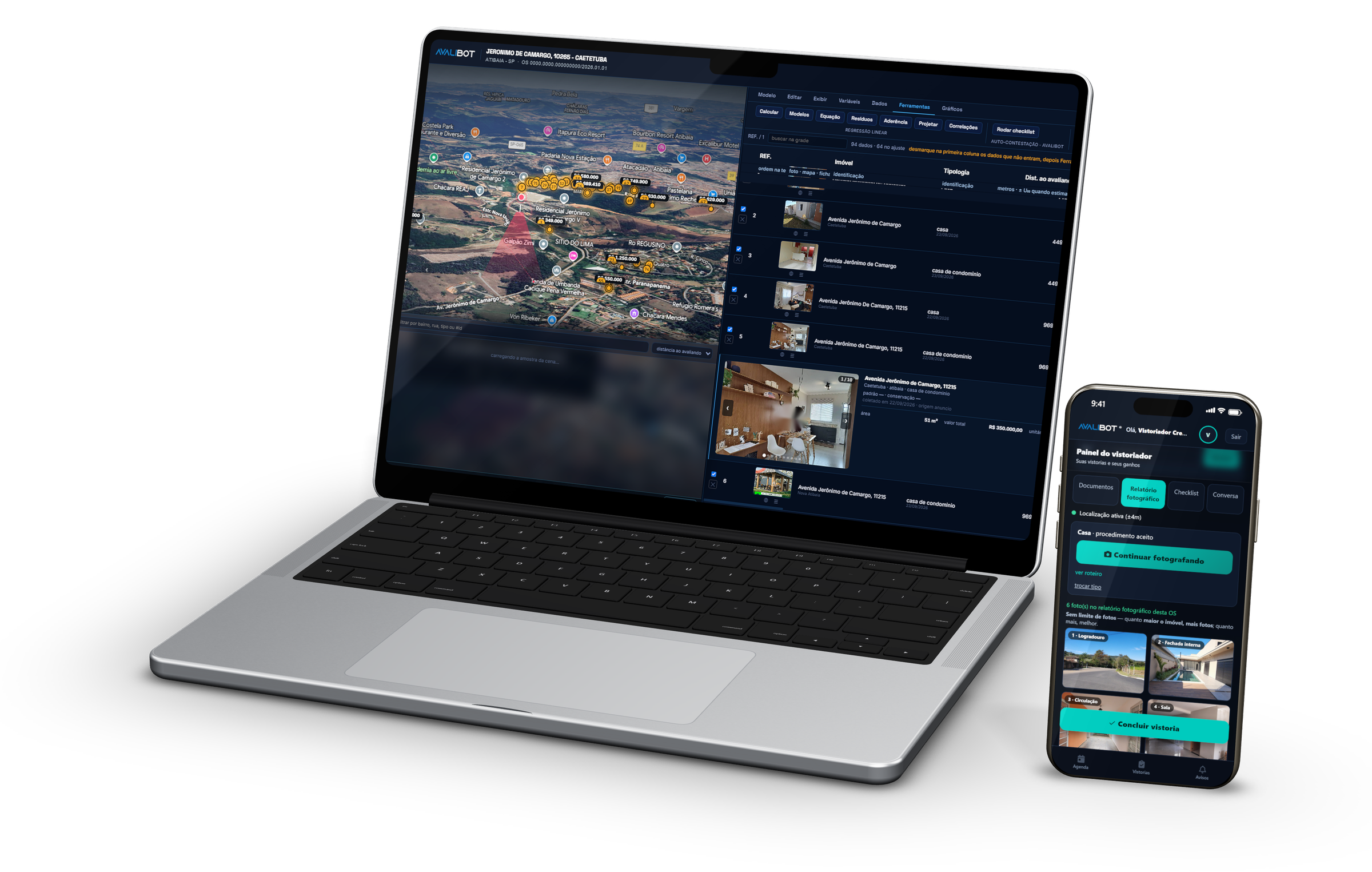 Notebook com o AvaliBOT® exibindo a amostra de mercado georreferenciada em mapa 3D e a grade de dados do modelo de regressão, e celular com o app do vistoriador na tela de vistoria em andamento: relatório fotográfico com fotos por ambiente e o botão Continuar fotografando
