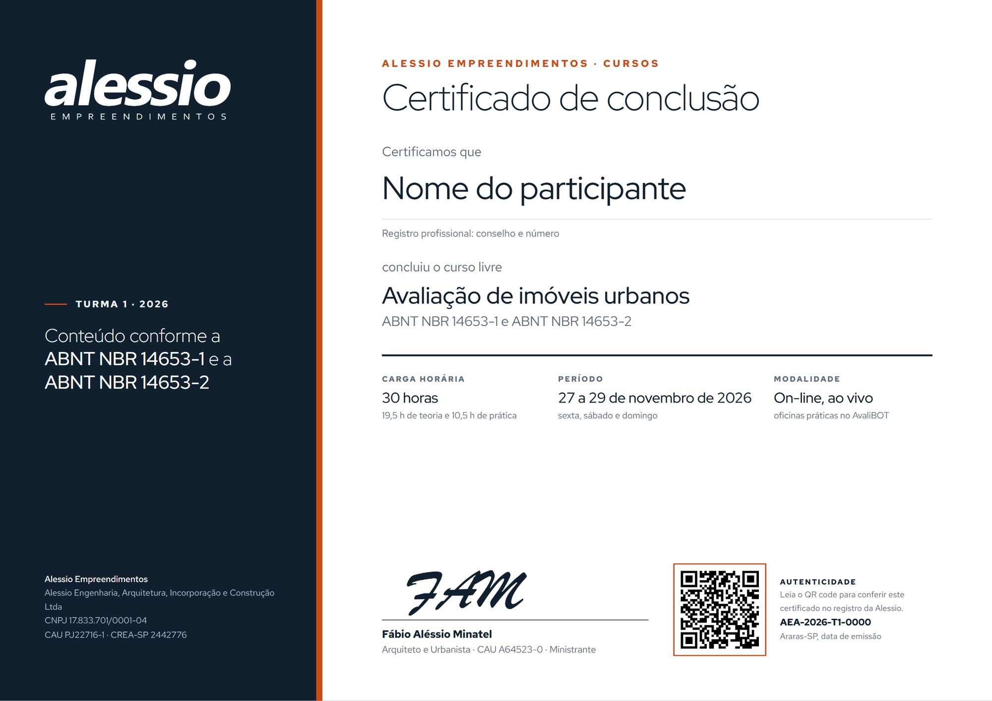 Frente do certificado de conclusão do curso Avaliação de imóveis urbanos, ABNT NBR 14653-1 e 14653-2: 30 horas, de 27 a 29 de novembro de 2026, on-line e ao vivo, com assinatura do ministrante e QR code de autenticidade